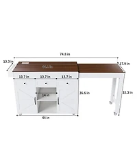 Streamdale Furniture 74.8" Kitchen Island w/ Extendable Table & Outlet - Rolling Cart White
