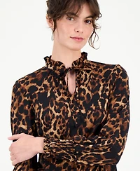 Anne Klein Petite Ruffled-Neck Smocked-Cuff Top