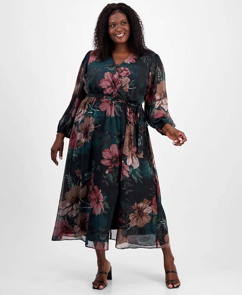 Robbie Bee Plus Floral-Print Faux-Wrap Dress