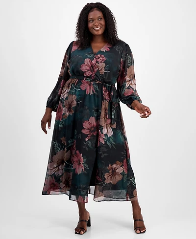 Robbie Bee Plus Floral-Print Faux-Wrap Dress