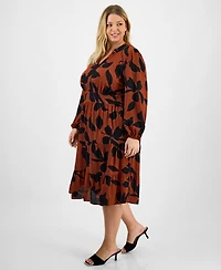 Robbie Bee Plus Printed Tie-Waist Tiered Long-Sleeve Dress