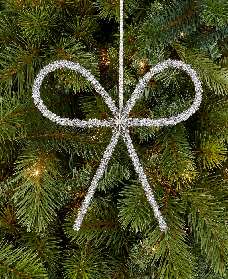 Holiday Lane Jeweled Classics Silver-Tone Glitter Bow Ornament, Macy's Exclusive