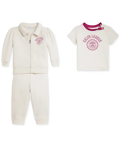 Polo Ralph Lauren Baby Girls Fleece Jacket, Pants & Cotton Tee Set