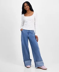 Madden Girl Juniors' High-Rise Cuffed Bow-Embroidery Jeans