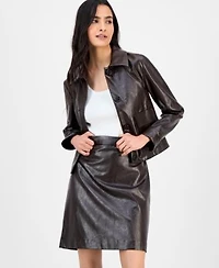 Anne Klein Womens Faux Leather Front Button Jacket Faux Leather Mini Skirt