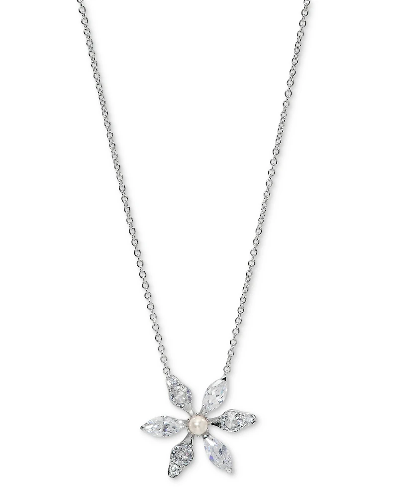 Eliot Danori Cubic Zirconia & Imitation Pearl Flower Pendant Necklace, 16" + 2" extender, Exclusively at Macy's