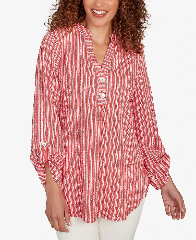 Ruby Rd. Petite Crinkle Knit Striped Henley Top