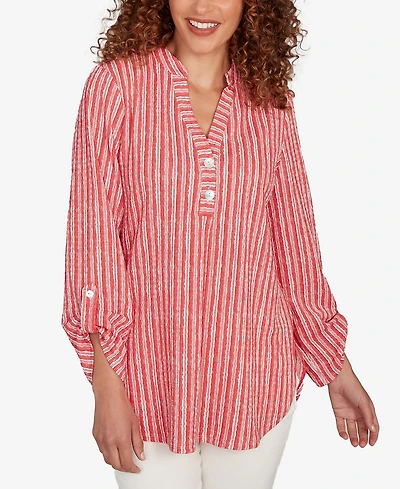 Ruby Rd. Petite Crinkle Knit Striped Henley Top