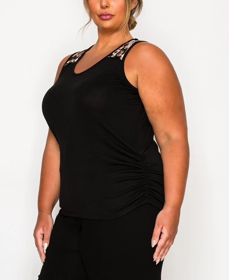 Coin 1804 Plus Leopard Print Mesh Yoke Inset Side Ruched Tank Top