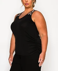 Coin 1804 Plus Leopard Print Mesh Yoke Inset Side Ruched Tank Top