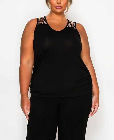 Coin 1804 Plus Leopard Print Mesh Yoke Inset Side Ruched Tank Top