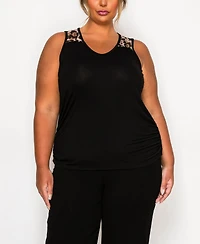 Coin 1804 Plus Leopard Print Mesh Yoke Inset Side Ruched Tank Top