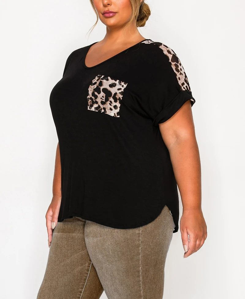 Coin 1804 Plus Leopard Print Mesh Pocket Shoulder Rolled Sleeve Top