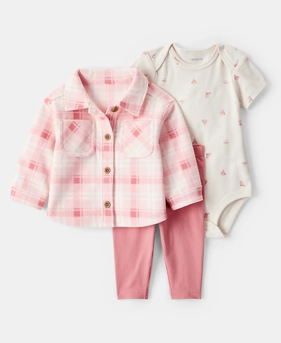 Carter's Baby Girls Plaid Fleece Jacket, Printed Bodysuit & Pants, 3 Piece Set