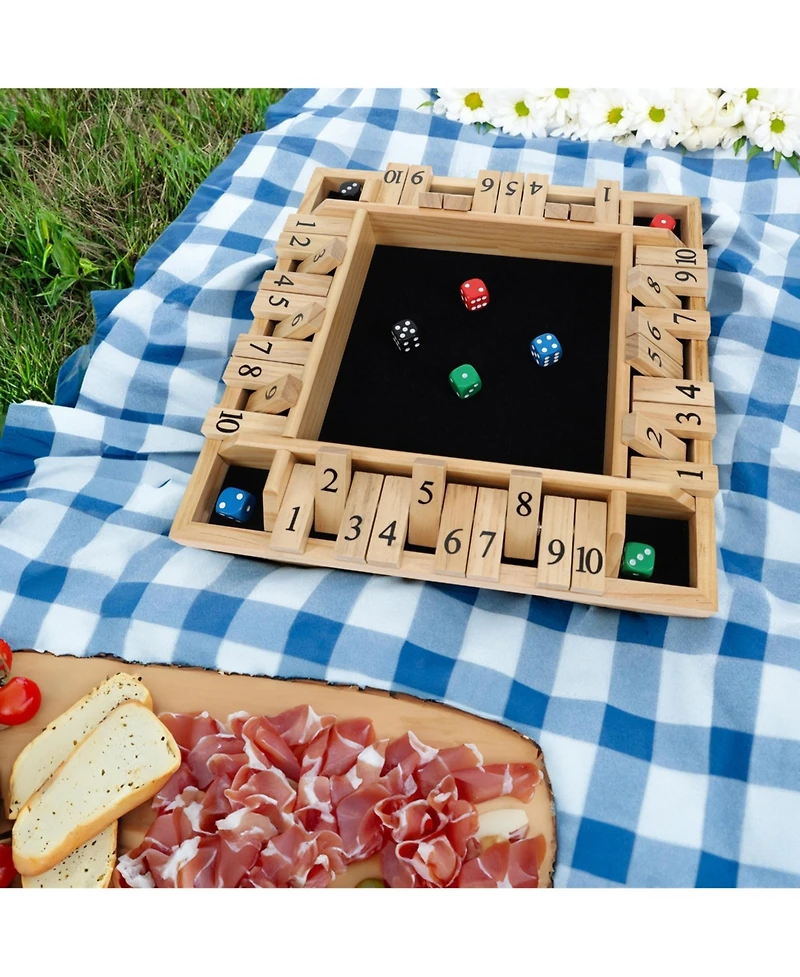 Pacific Shore Games 4 Player Shut the Box Dice Board Game with Natural Wood - 12 in.