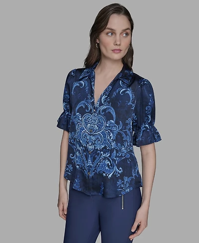 Karl Lagerfeld Paris Petite Printed Puff-Sleeve Button-Front Shirt