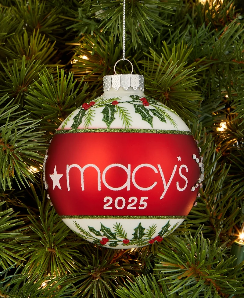 Holiday Lane Macy's 2025 Glass Holly Ball Ornament, Macy's Exclusive