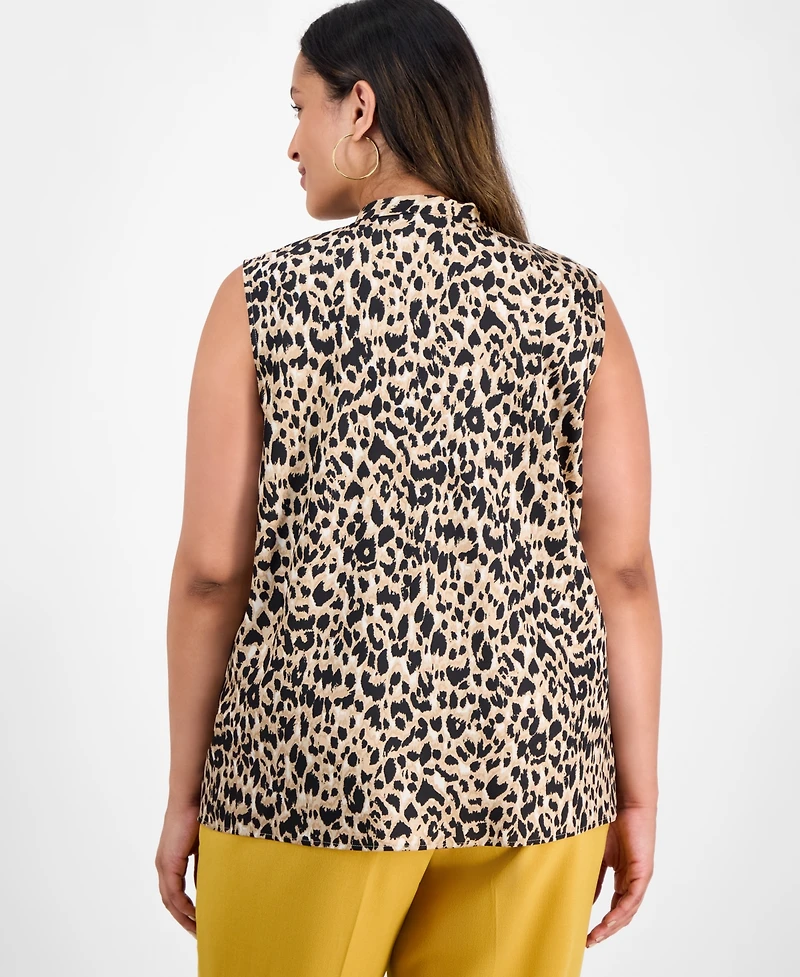 Kasper Plus Printed Sleeveless Tie-Neck Blouse