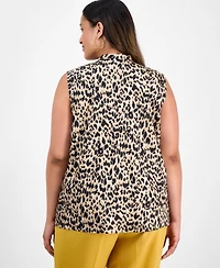 Kasper Plus Printed Sleeveless Tie-Neck Blouse