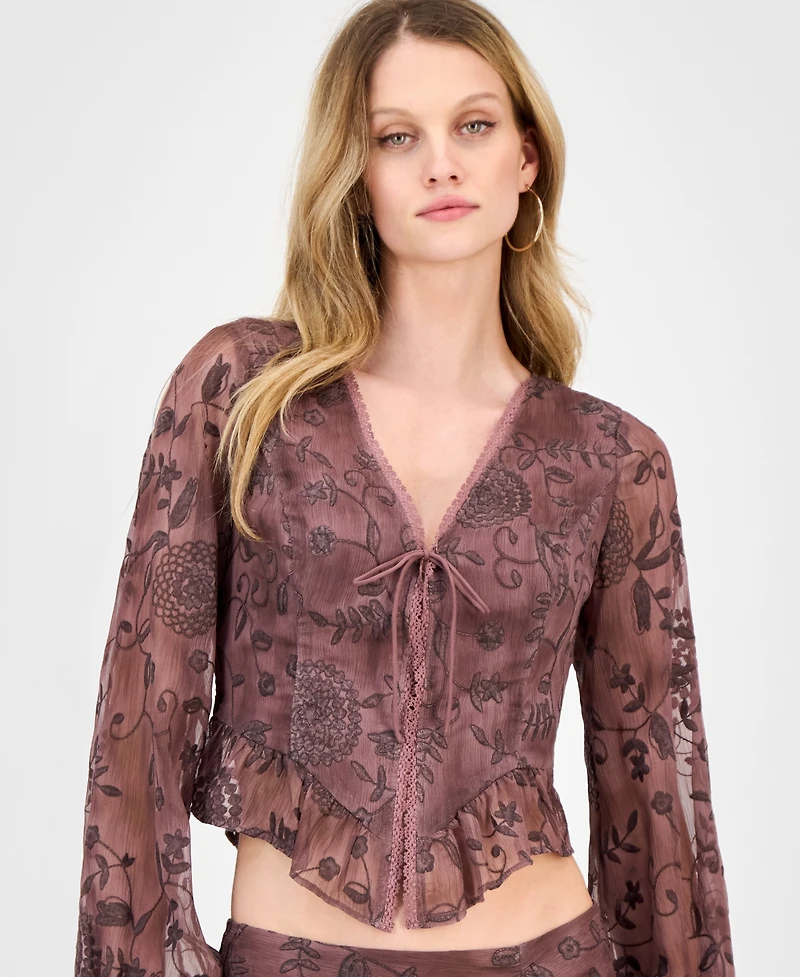 Guess Women's Seiah Embroidered Blouson-Sleeve Top