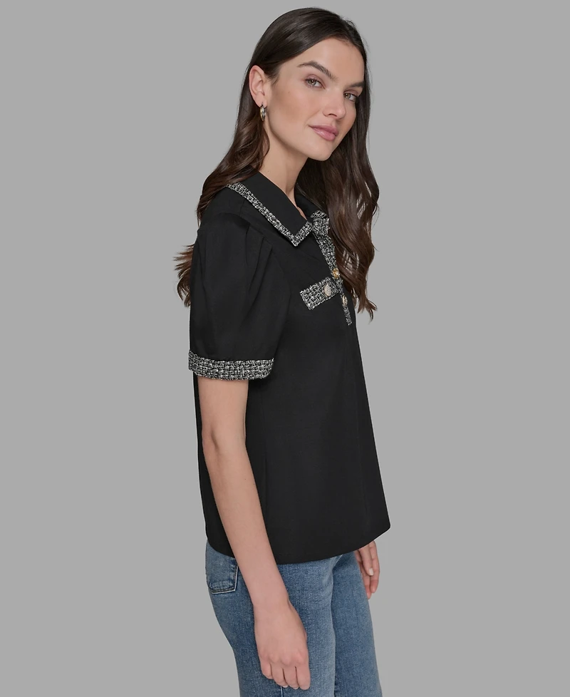 Karl Lagerfeld Paris Petite Tweed-Trim Knit Top