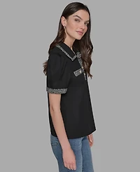 Karl Lagerfeld Paris Petite Tweed-Trim Knit Top
