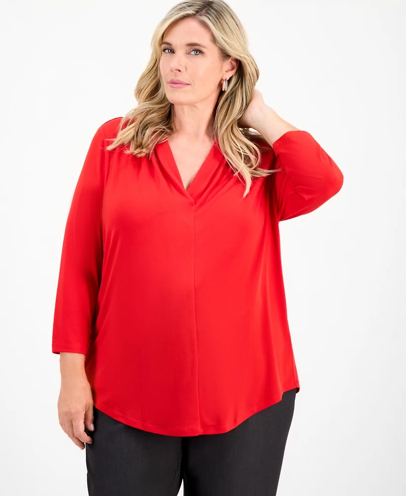 Jm Collection Plus Solid V-Neck 3/4-Sleeve Top, Exclusively at Macy's