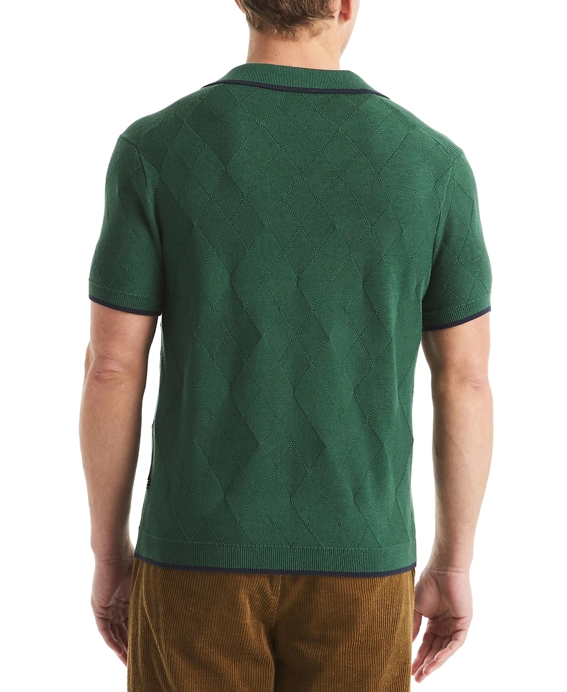Nautica Men's Short Sleeve Textured Argyle Polo Sweater