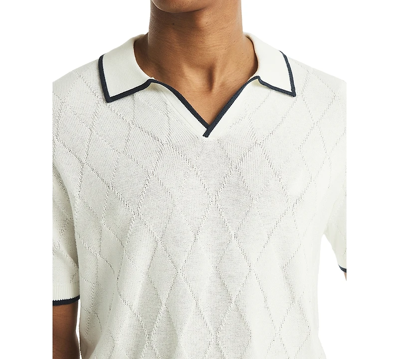 Nautica Men's Short Sleeve Textured Argyle Polo Sweater