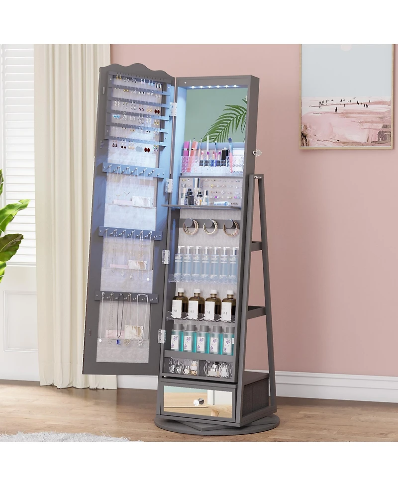 Vlsrka 60° Rotating Full-Length Mirror Jewelry Cabinet with Lights