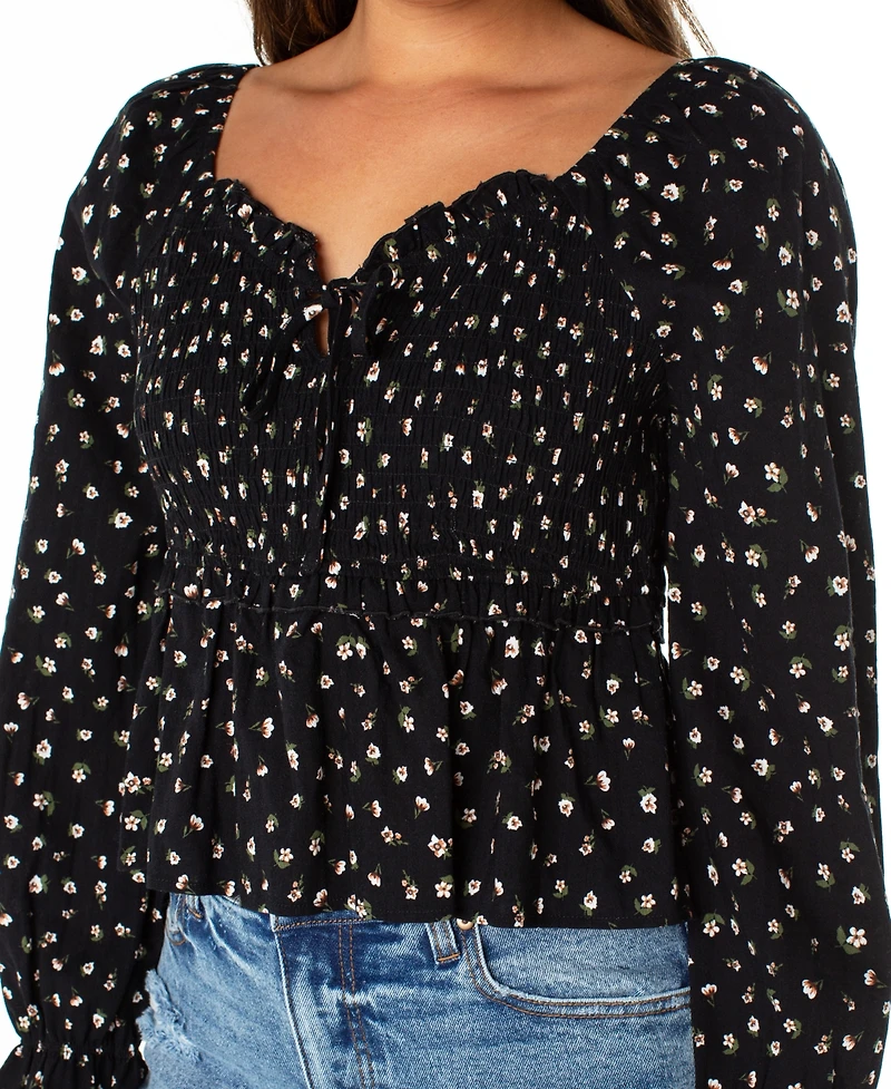 Celebrity Pink Juniors' Ditsy-Print Ruffle-Trim Babydoll Top