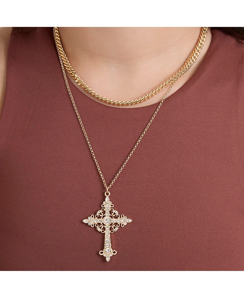 Jessica Simpson Gold-Tone Rhinestone Cross and Curb Chain Necklace Set