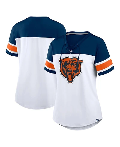 Fanatics Women's White/Navy Chicago Bears Athena Rhinestone Lace-Up V-Neck T-Shirt