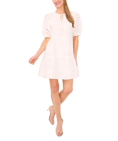 CeCe Women's Tie-Neck Embroidered Tiered Short-Sleeve Dress