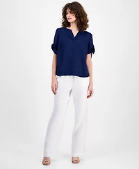 Charter Club Petite 100% Linen Split-Neck Tie Sleeve Top, Created for Macy's