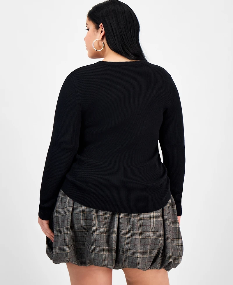 Bar Iii Trendy Plus Long Sleeve Ribbed Knit Top, Macy's Exclusive