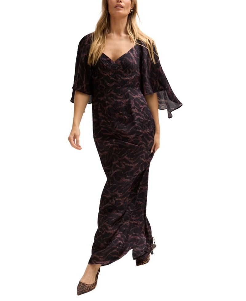 Lily and Lionel London Women's Lydia Angel Sleeve Midnight Tiger Print Maxi Dress