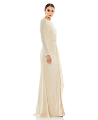 Mac Duggal Women's Ieena Sequined Ruched Long Sleeve Boat Neck Gown