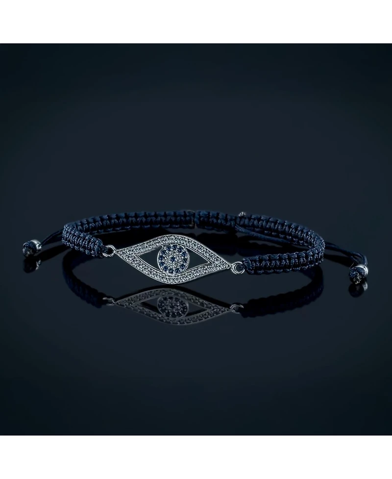 Bling Jewelry Turkish Blue Evil Eye Black Braided Cord Bracelet Cz Cubic Zirconia Accent .925 Sterling Silver Adjustable