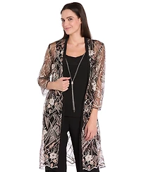R & M Richards Women's Embellished Sheer Long Jacket, Sleeveless Top and Pants Set