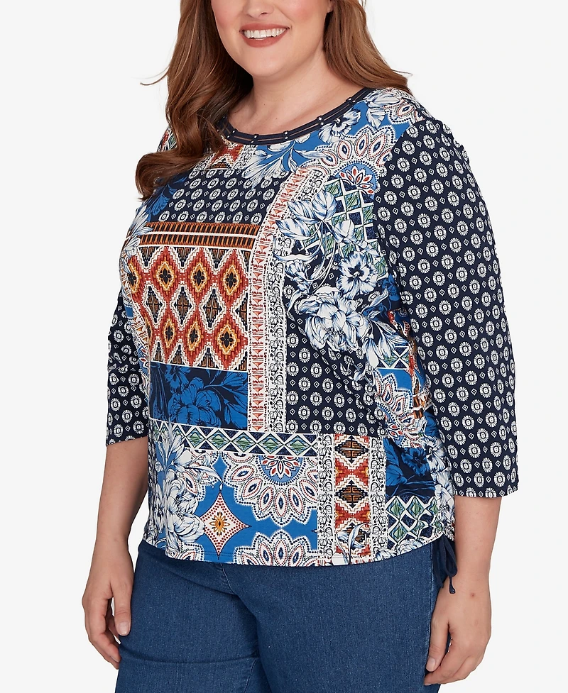 Alfred Dunner Plus Batik Patchwork Drawstring Closure Top