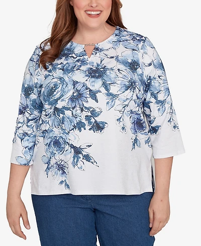Alfred Dunner Plus Floral Split Beaded Keyhole Neck Top