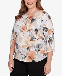 Alfred Dunner Plus Watercolor Floral Gathered Sides Crew Neck Top