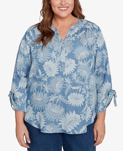 Alfred Dunner Plus Classic Floral Monotone Lyocell Henley Top