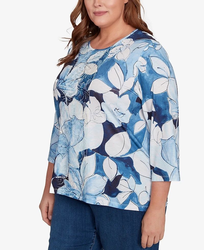 Alfred Dunner Plus Classic Monotone Floral Embellished Top