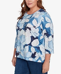 Alfred Dunner Plus Classic Monotone Floral Embellished Top