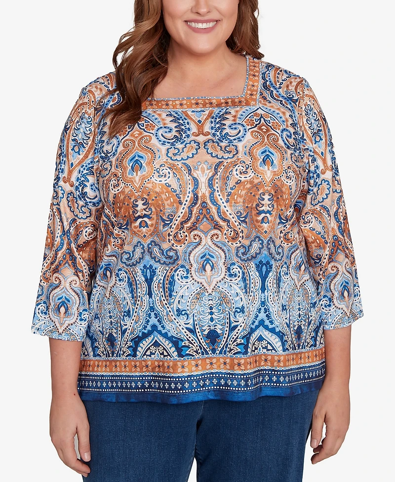 Alfred Dunner Plus Classic Medallion Bordered Square Neck Top