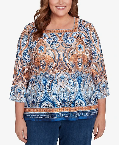 Alfred Dunner Plus Classic Medallion Bordered Square Neck Top
