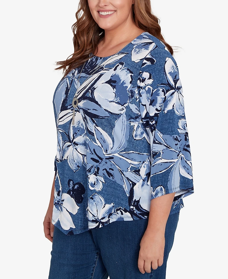 Alfred Dunner Plus Classic Puff Print Denim Floral Top