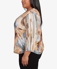 Alfred Dunner Plus Classic Spliced Floral Stripe Crew Neck Top